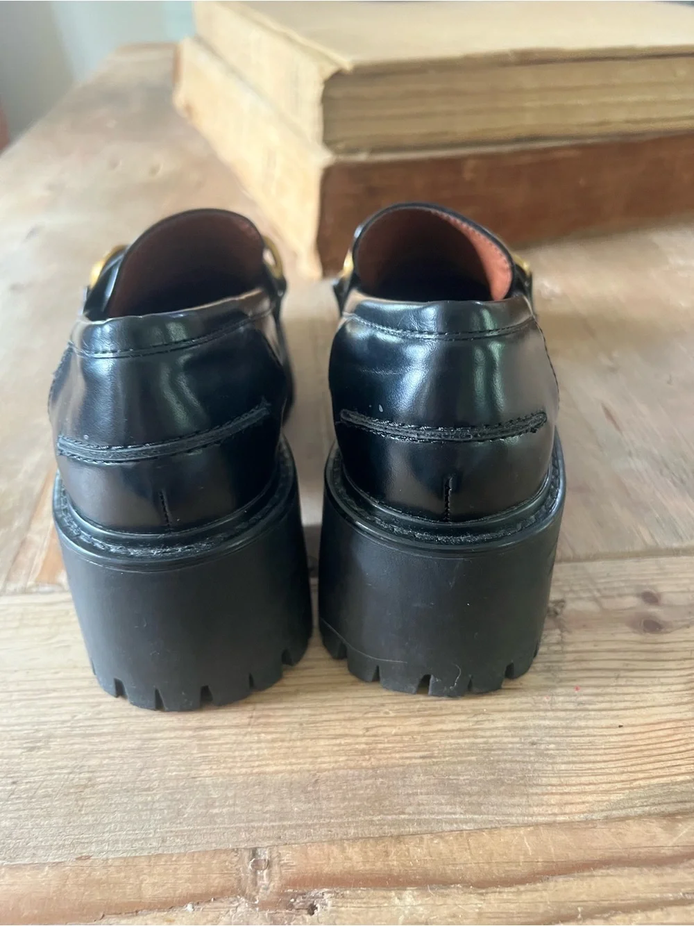 Zara woman’s Black Leather Loafers with Gold Chain